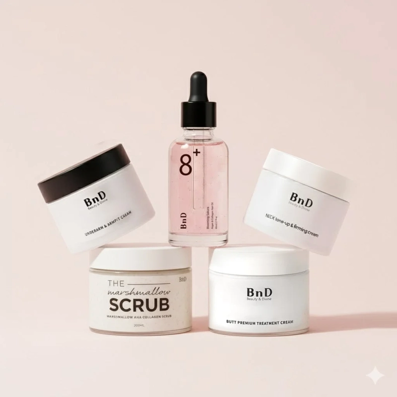 BnDブランドのワキ用クリーム、ネッククリーム、お尻用クリーム、マシュマロスクラブ、ヘアオイルなど、様々なスキンケア・ボディケア製品