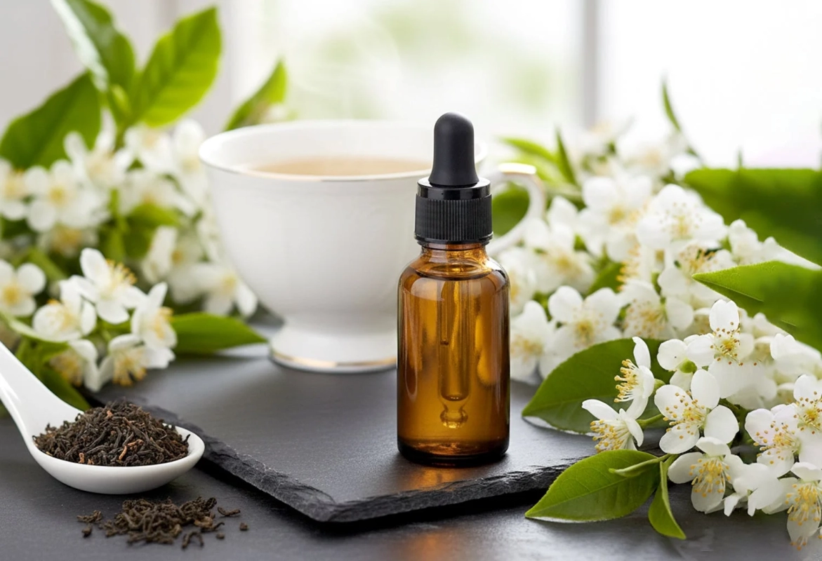 茶葉、花、ボトル