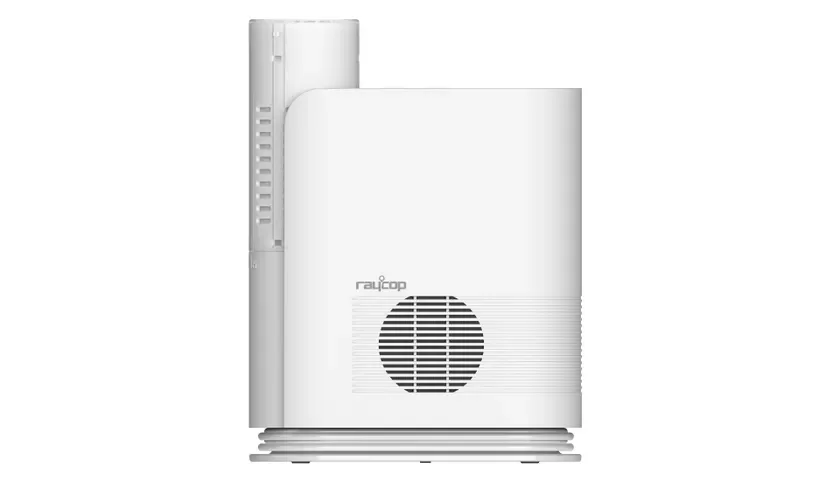 raycopブランドのモダンなデザインの空気清浄機または加湿器です。本体は白く、前面にはロゴと丸い通気口があります。