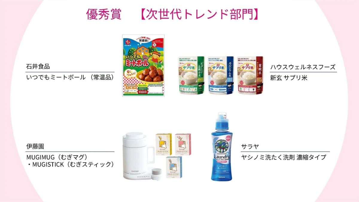 優秀賞、次世代トレンド部門、石井食品、いつでもミートボール、常温品、ハウスウェルネスフーズ、新玄、サプリ米、伊藤園、MUGIMUG、むぎマグ、MUGISTICK、むぎスティック、サラヤ、ヤシノミ洗たく洗剤、濃縮タイプ、食品、洗剤、新商品、アワード、トレンド製品
