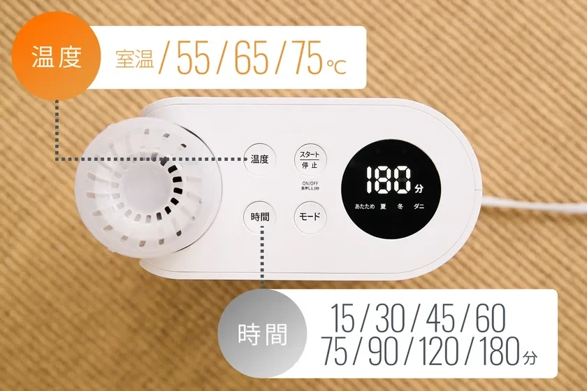 白いコンパクトな布団乾燥機の操作パネルが写っています。温度、時間、あたため、夏、冬、ダニなどのモード設定が可能で、デジタル表示で残り時間が確認できます。