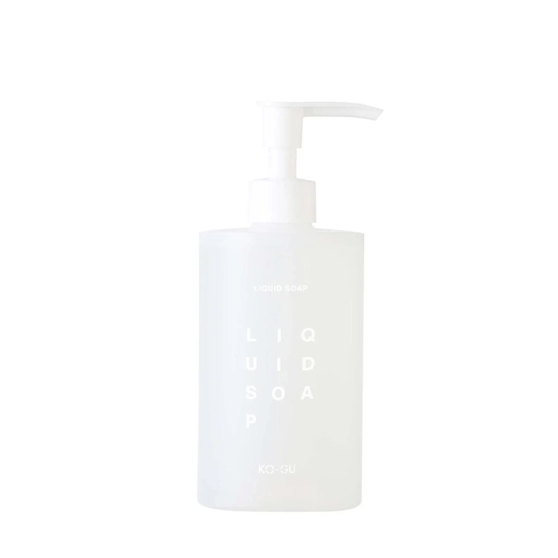 ポンプ式の白い液体石鹸ボトル「LIQUID SOAP KO-GU」