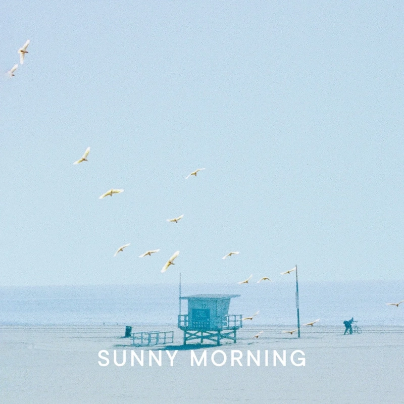 晴れた朝のビーチの風景です。青い空には多くの鳥が舞い、砂浜にはライフガードタワーが建ち、遠くには自転車に乗る人が見えます。全体的に水色を基調とした、穏やかで清々しい雰囲気の画像です。