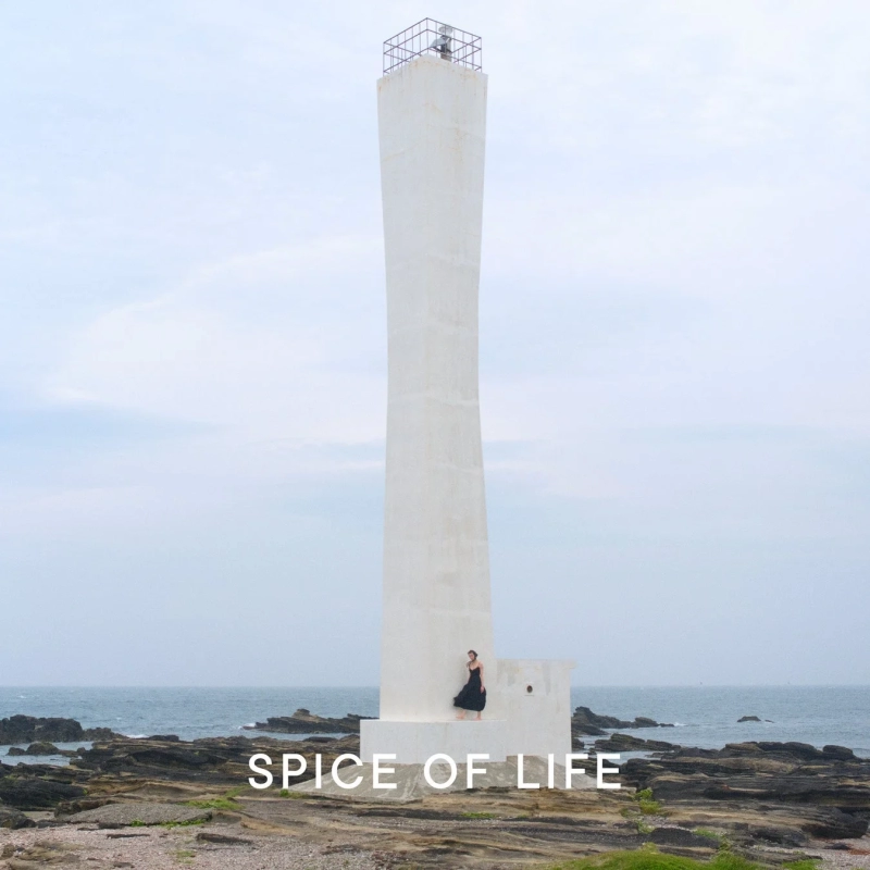 岩場の海岸に立つ、すらりとした白い灯台と、その基部に立つ黒いドレスの女性が印象的な画像です。曇り空の下、広がる海とのコントラストが美しい風景を描いています。