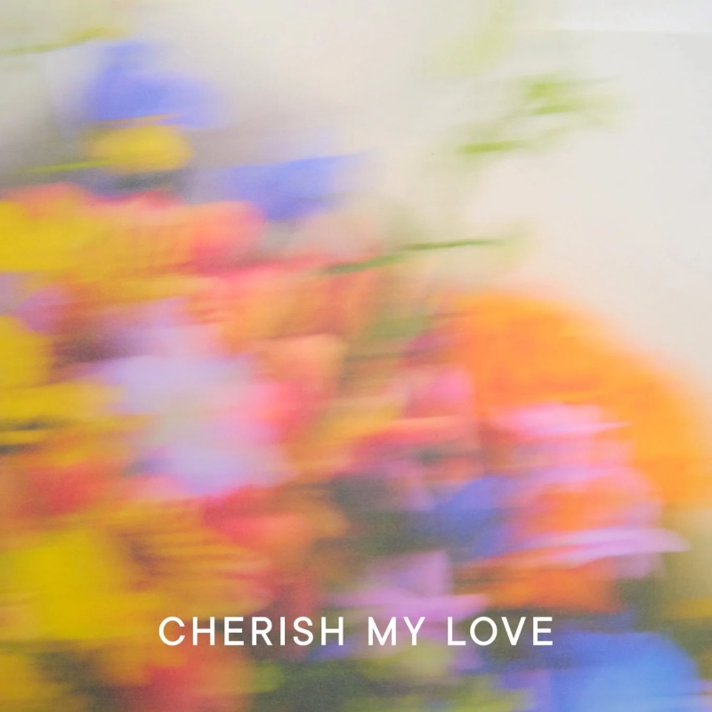 様々な色がぼかされた抽象的な背景に「CHERISH MY LOVE」というテキストが白い文字で書かれています。暖かく、夢のような雰囲気を醸し出しています。